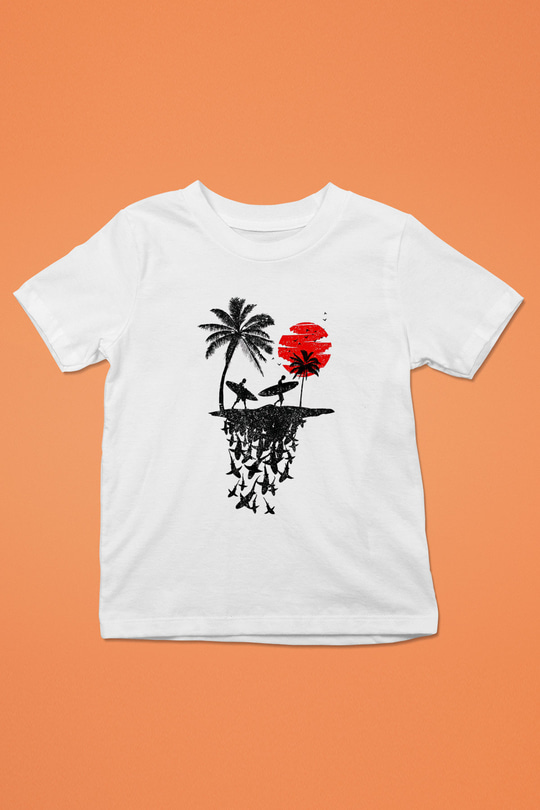 Sörf Baskılı Unisex Beyaz Çocuk Tişört - Tshirt