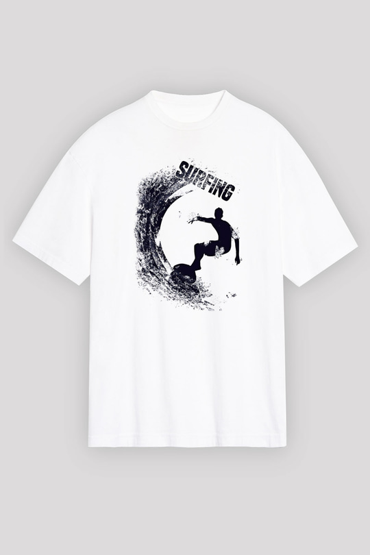 Sörf Baskılı Unisex Beyaz Oversize Tişört - Tshirt