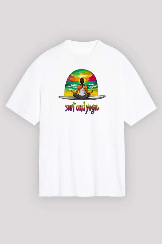 Sörf Baskılı Unisex Beyaz Oversize Tişört - Tshirt