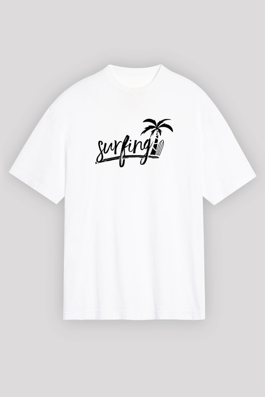 Sörf Baskılı Unisex Beyaz Oversize Tişört - Tshirt