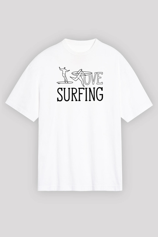 Sörf Baskılı Unisex Beyaz Oversize Tişört - Tshirt