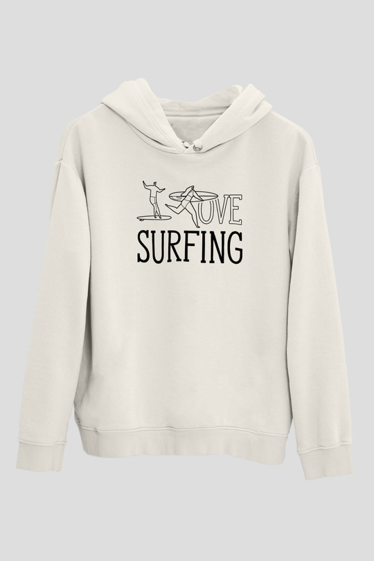 Sörf Baskılı Unisex Ekru Hoodie