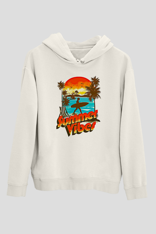 Sörf Baskılı Unisex Ekru Hoodie