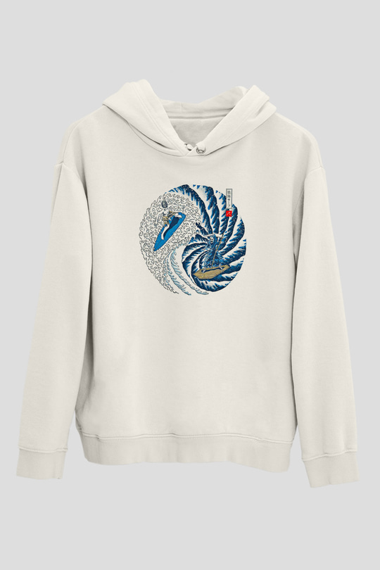Sörf Baskılı Unisex Ekru Hoodie