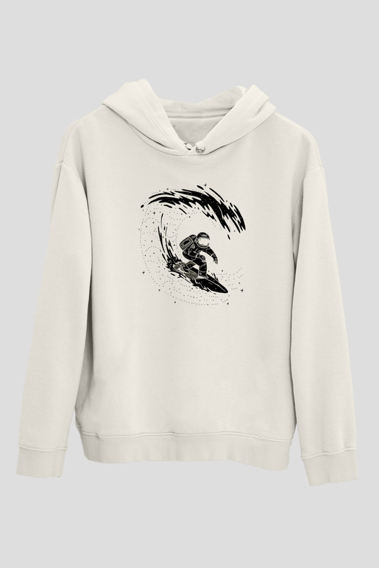 Sörf Baskılı Unisex Ekru Hoodie