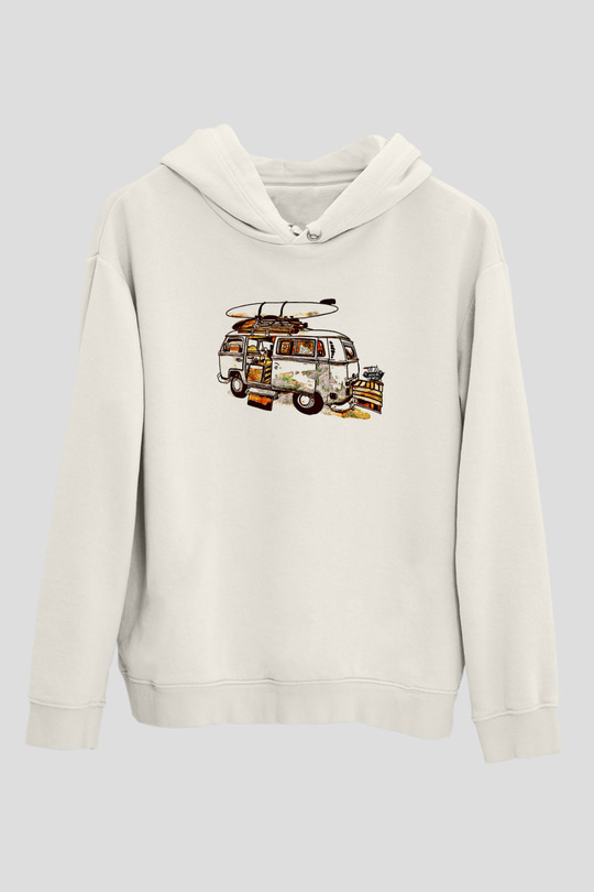 Sörf Baskılı Unisex Ekru Hoodie