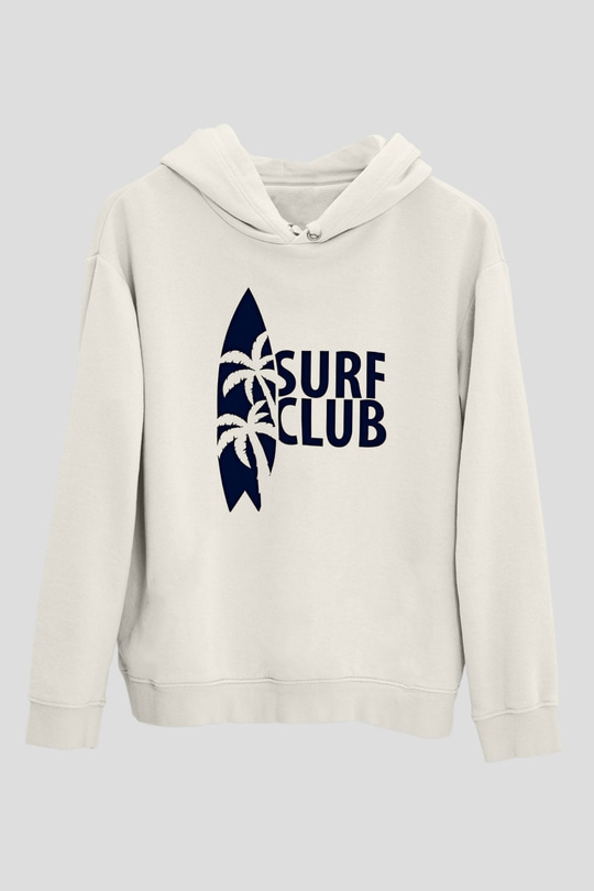 Sörf Baskılı Unisex Ekru Hoodie