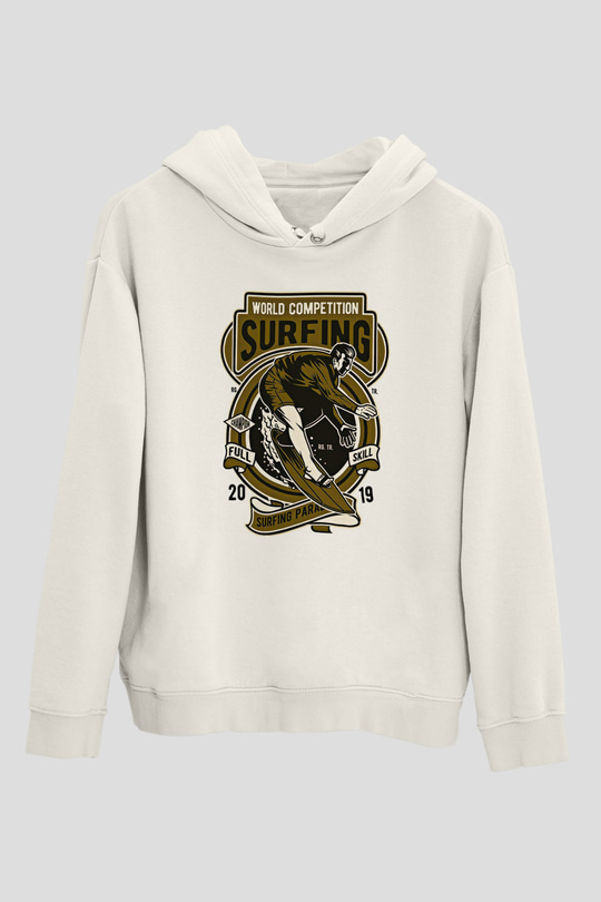 Sörf Baskılı Unisex Ekru Hoodie