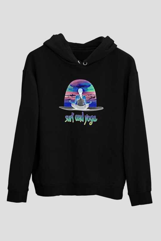 Sörf - Surfing Baskılı Unisex Siyah Kapüşonlu Sweatshirt