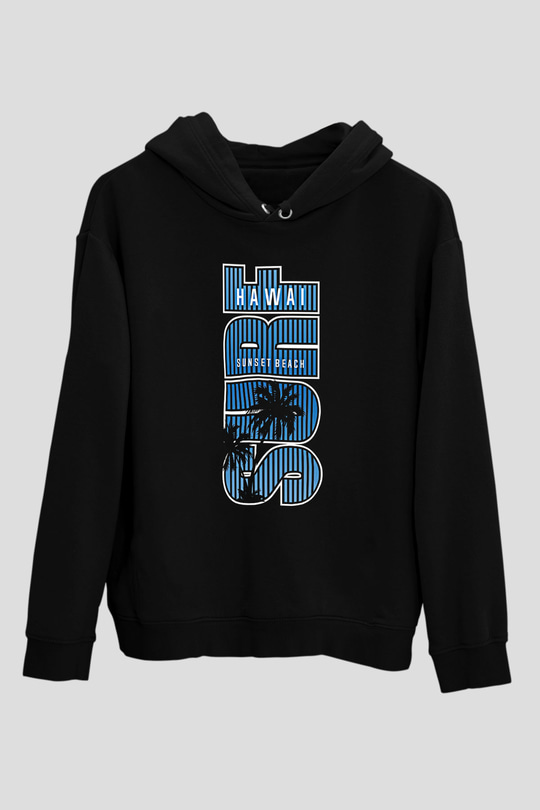 Sörf - Surfing Baskılı Unisex Siyah Kapüşonlu Sweatshirt