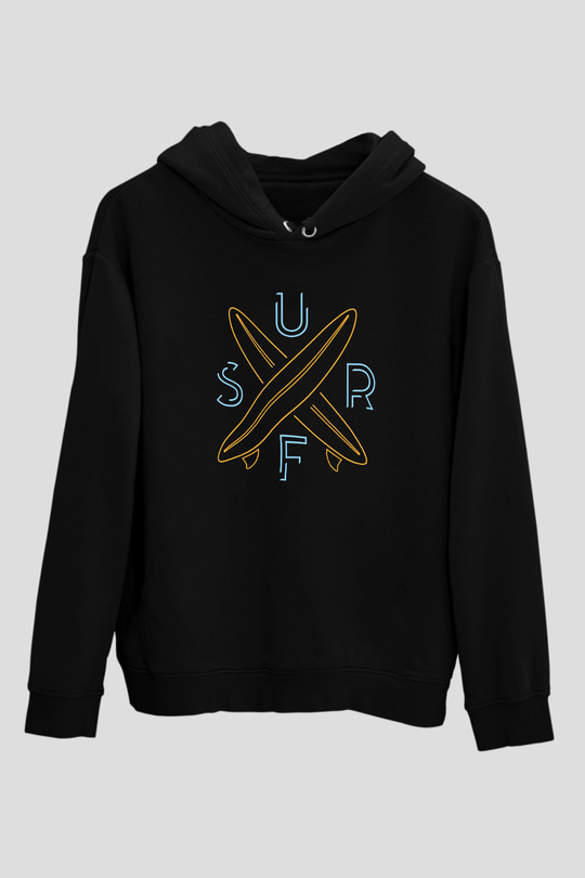 Sörf - Surfing Baskılı Unisex Siyah Kapüşonlu Sweatshirt