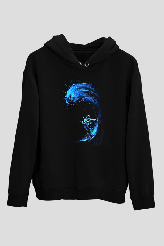 Sörf - Surfing Baskılı Unisex Siyah Kapüşonlu Sweatshirt