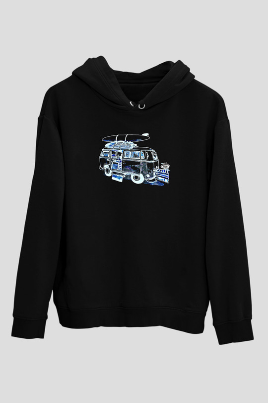 Sörf - Surfing Baskılı Unisex Siyah Kapüşonlu Sweatshirt