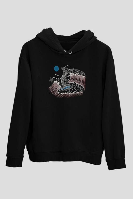 Sörf - Surfing Baskılı Unisex Siyah Kapüşonlu Sweatshirt