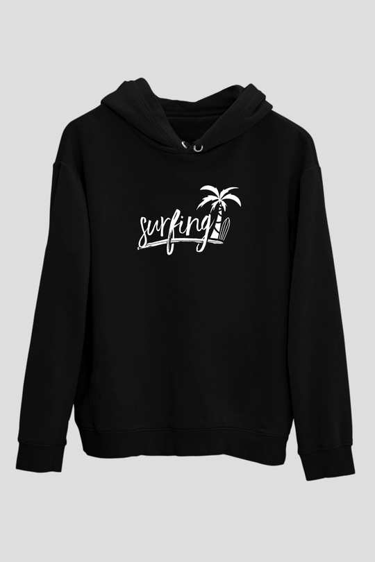 Sörf - Surfing Baskılı Unisex Siyah Kapüşonlu Sweatshirt