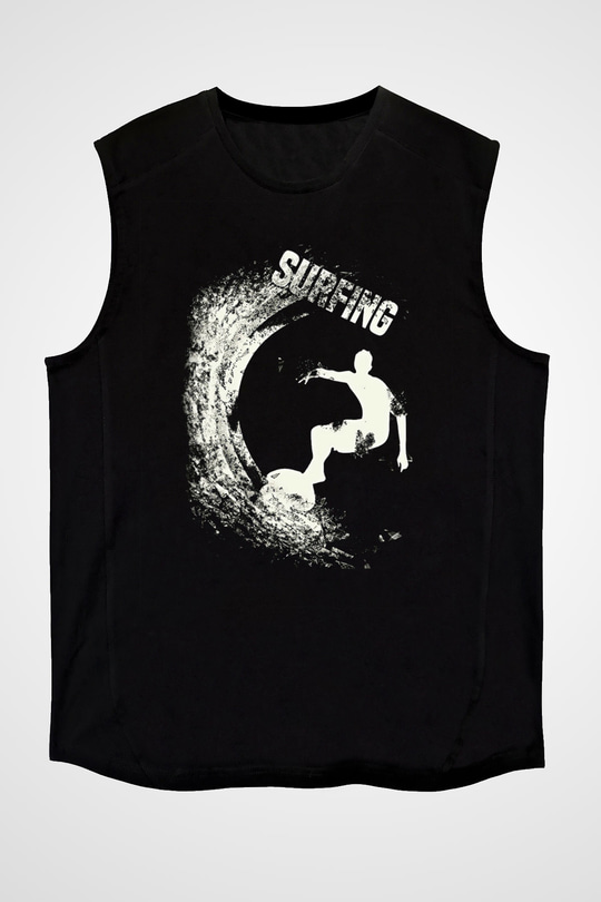 Sörf - Surfing Baskılı Unisex Siyah Kolsuz Tişört