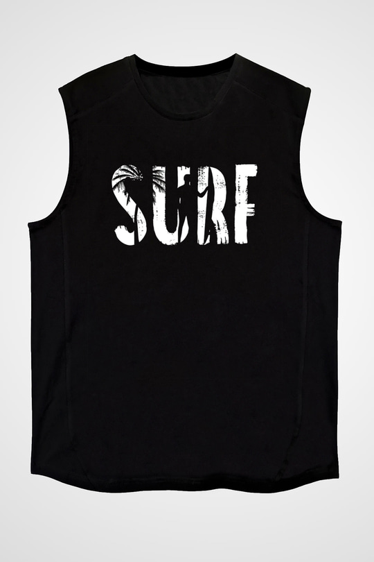 Sörf - Surfing Baskılı Unisex Siyah Kolsuz Tişört