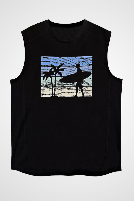 Sörf - Surfing Baskılı Unisex Siyah Kolsuz Tişört