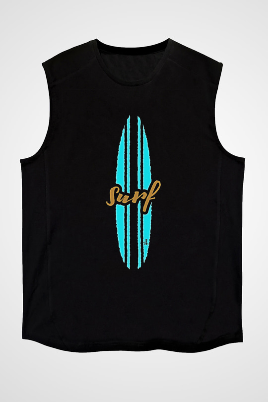 Sörf - Surfing Baskılı Unisex Siyah Kolsuz Tişört