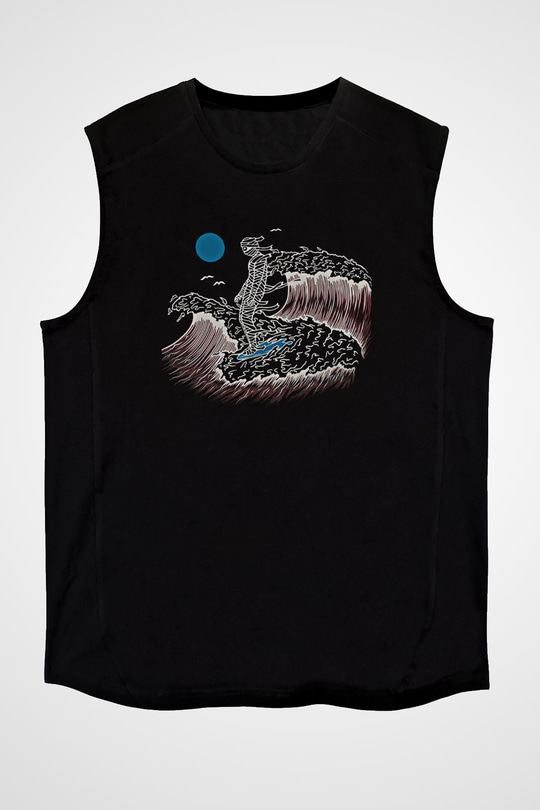 Sörf - Surfing Baskılı Unisex Siyah Kolsuz Tişört
