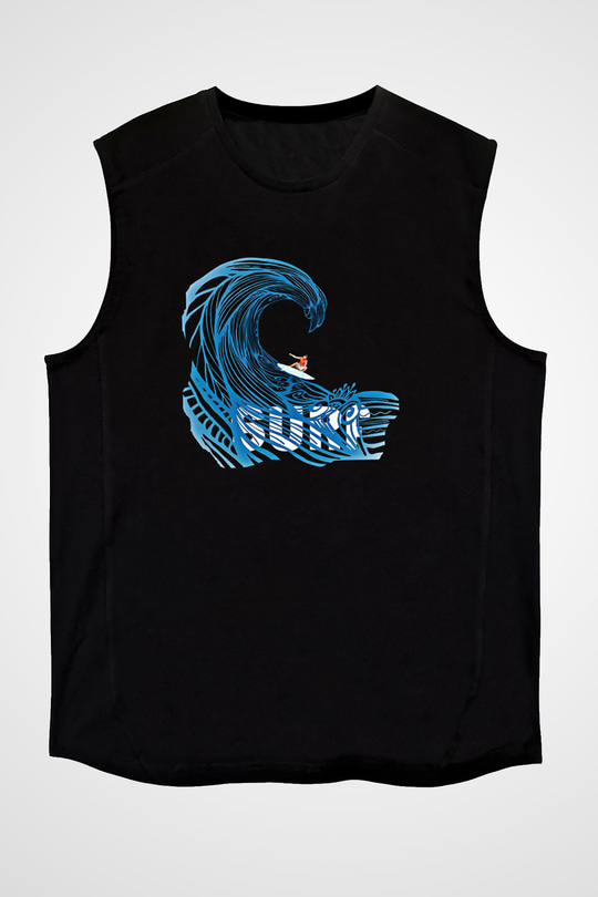 Sörf - Surfing Baskılı Unisex Siyah Kolsuz Tişört