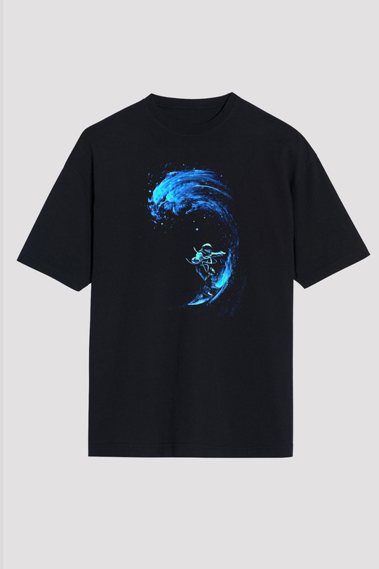 Sörf - Surfing Baskılı Unisex Siyah Oversize Tişört