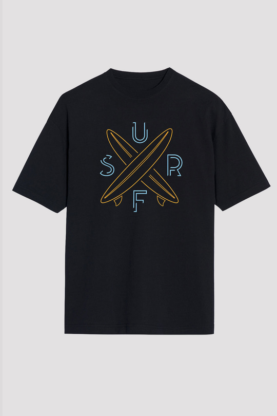 Sörf - Surfing Baskılı Unisex Siyah Oversize Tişört