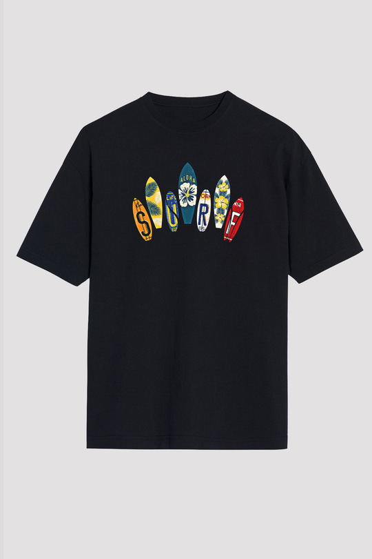 Sörf - Surfing Baskılı Unisex Siyah Oversize Tişört