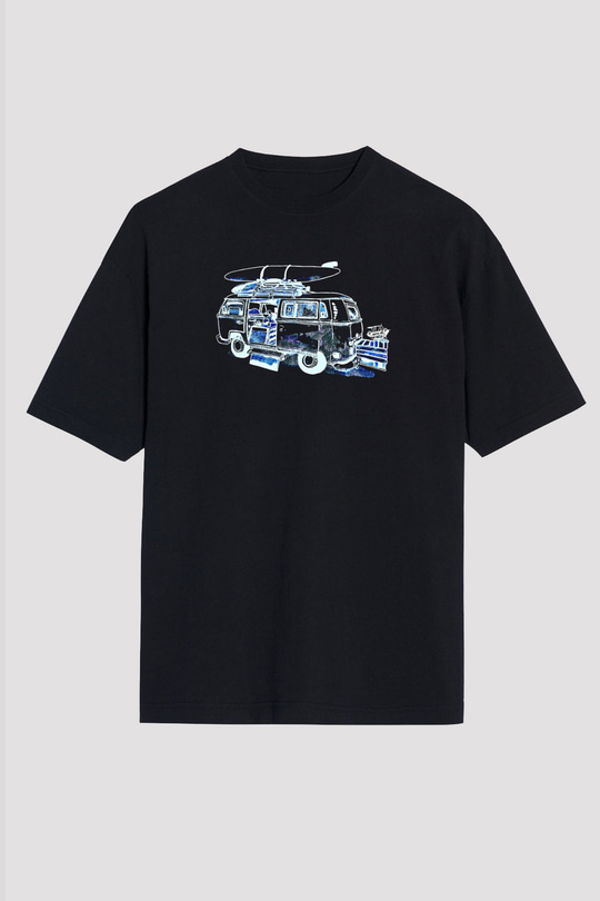 Sörf - Surfing Baskılı Unisex Siyah Oversize Tişört