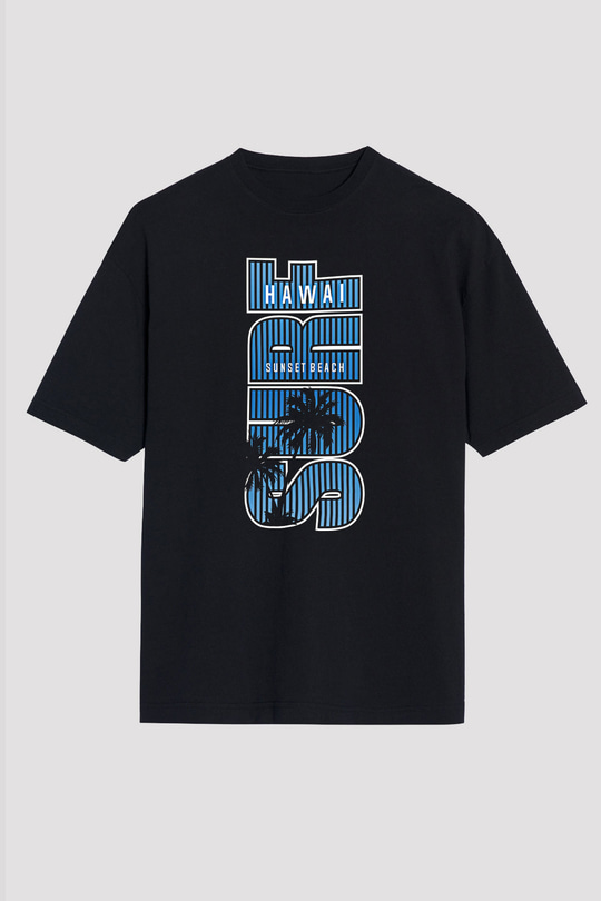 Sörf - Surfing Baskılı Unisex Siyah Oversize Tişört