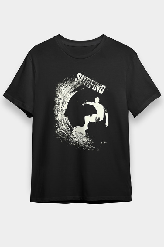 Sörf - Surfing Baskılı Unisex Siyah Tişört - Tshirt