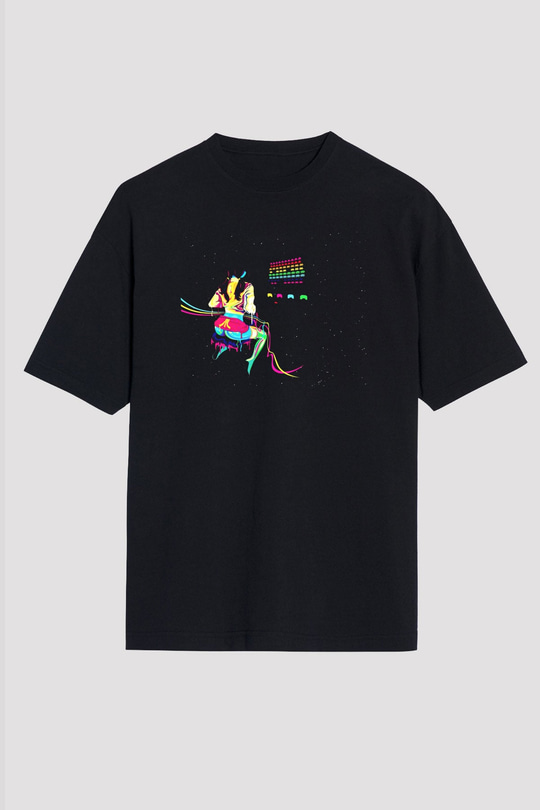 Space Invaders Siyah Unisex Oversize Tişört