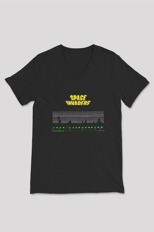 Space Invaders Siyah Unisex V Yaka Tişört