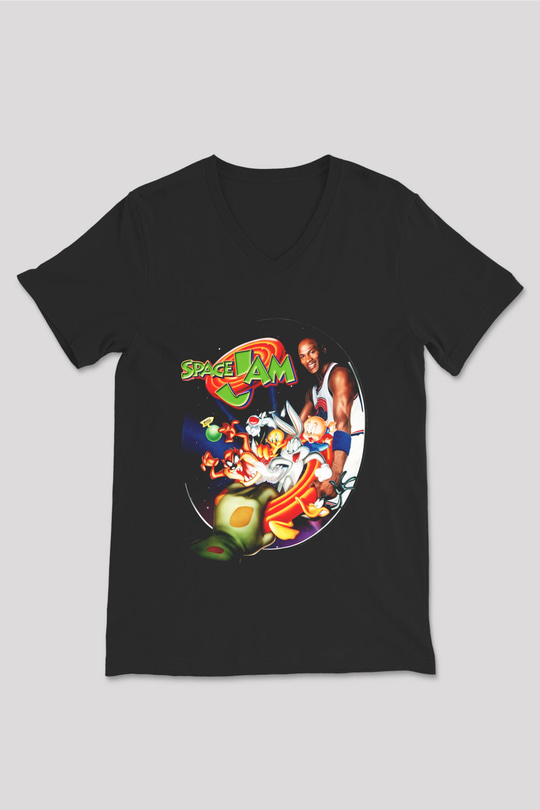 Space Jam Siyah Unisex V Yaka Tişört