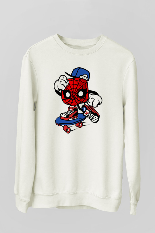 Spider Skater Baskılı Beyaz Unisex Sweatshirt