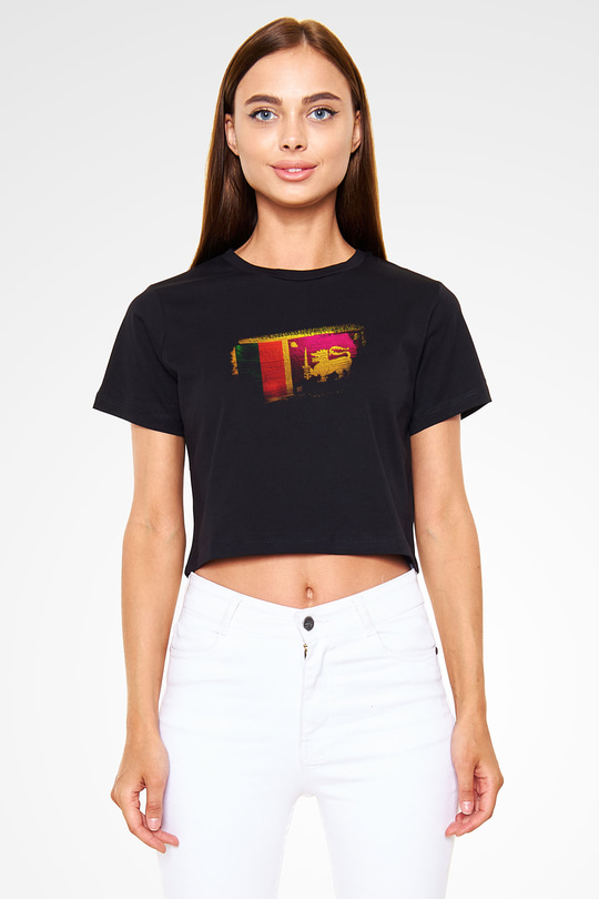 Sri Lanka Bayrağı Baskılı Kadın Crop Top Siyah Tişört