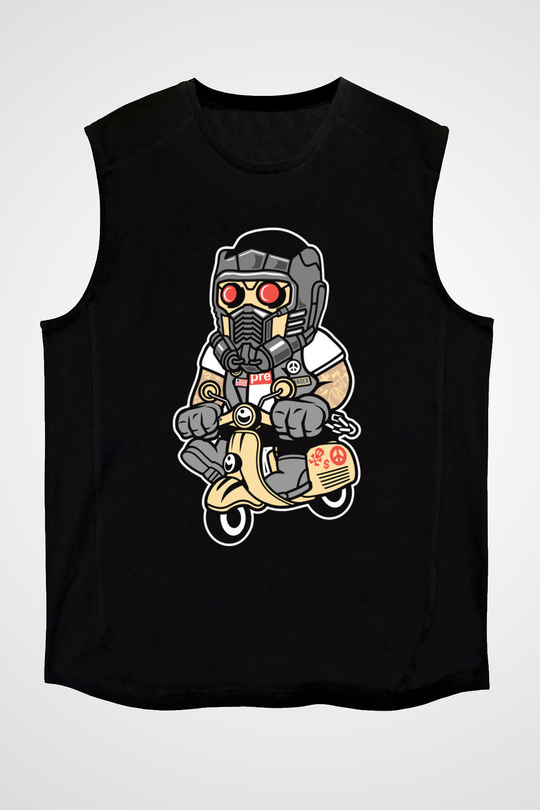 Star Lord Scooter Baskılı Siyah Unisex Kolsuz Tişört
