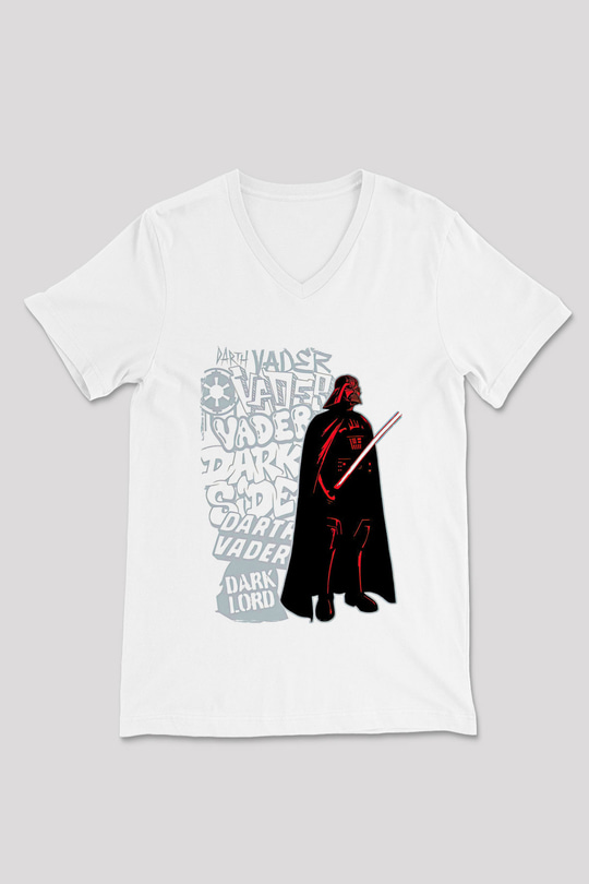 Star Wars (Dart Vader) Baskılı Beyaz Unisex V Yaka Tişört - Tshirt
