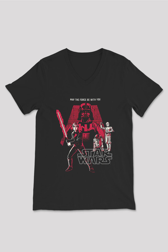 Star Wars (Dart Vader) Baskılı Unisex Siyah V Yaka Tişört - Tshirt