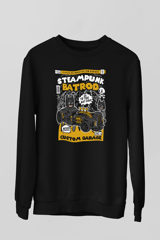 Steampunk BatRod Baskılı Unisex Siyah Sweatshirt