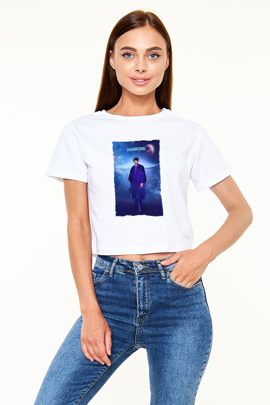 Stephen Hawking Baskılı Kadın Crop Top Beyaz Tişört