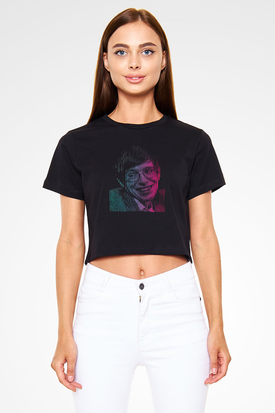 Stephen Hawking Renkli Portre Baskılı Crop Top Kadın Tİşört - Tshirt