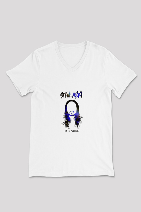 Steve Aoki Baskılı Beyaz V Yaka Unisex Tişört