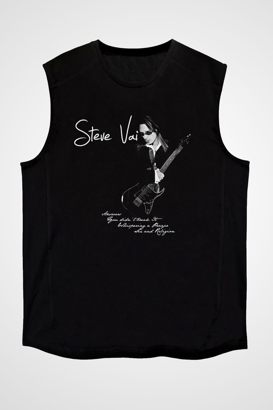 Steve Vai Baskılı Unisex Siyah Kolsuz Tişört - Tshirt