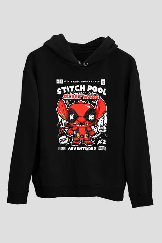Stitch Pool Secret Wars Baskılı Unisex Siyah Hoodie