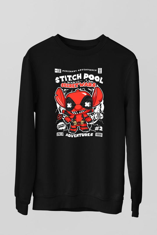 Stitch Pool Secret Wars Baskılı Unisex Siyah Sweatshirt