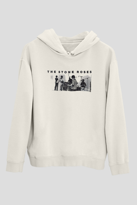 Stone Roses Baskılı Beyaz Unisex Kapüşonlu Sweatshirt