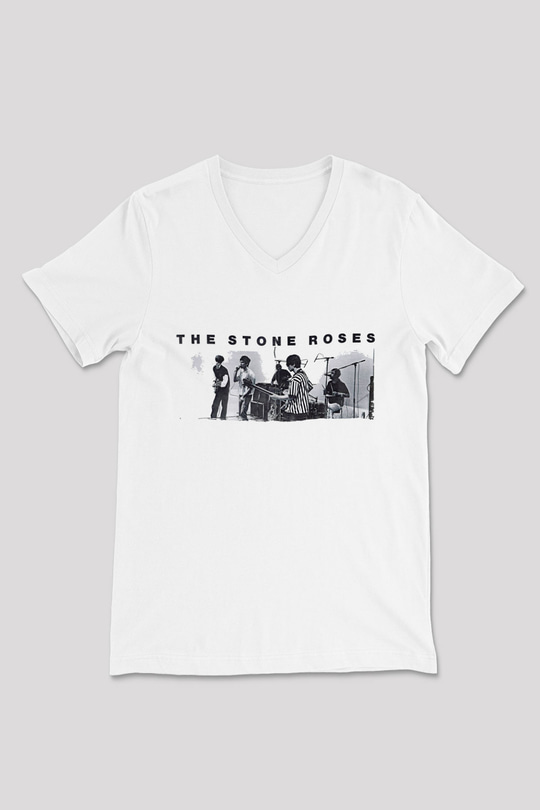 Stone Roses Baskılı Beyaz Unisex V Yaka Tişört - Tshirt