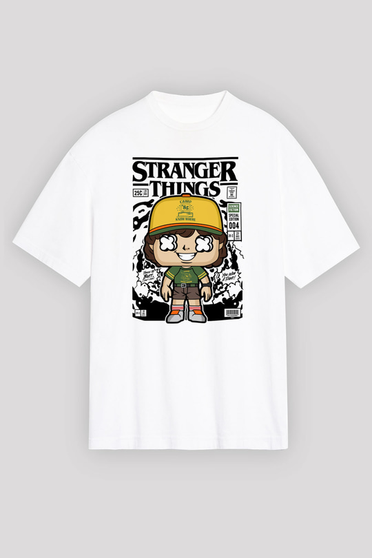 Stranger Things Baskılı Unisex Beyaz Oversize Tişört