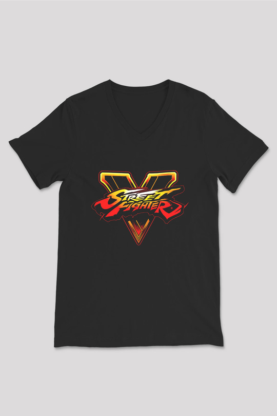 Street Fighter Siyah Unisex  V Yaka Tişört